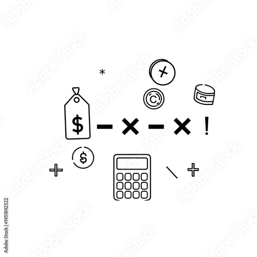 Shopping Calculation: A minimalist line art illustration depicting a price tag, calculator, coins, and mathematical symbols, representing the process of calculating shopping costs.