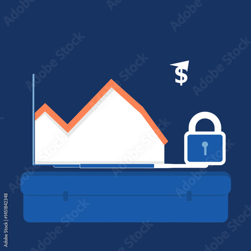 Financial Security Illustration: A bold, graphic representation of financial security with a briefcase, a lock and key, and an upward trending graph leading to a dollar sign.