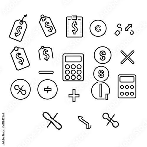 Financial Icons Set: A comprehensive collection of line icons related to finance, accounting, and pricing, including tags, currency symbols, calculator, and mathematical operators.