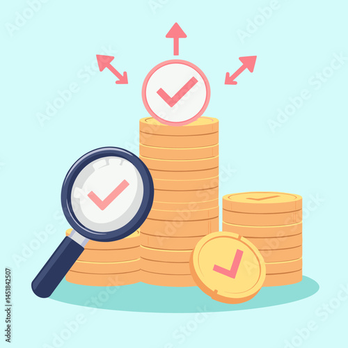 Financial Precision:  Conceptual illustration of financial precision. a magnifying glass focusing on a coin with a check mark, accompanied by stacks of coins.