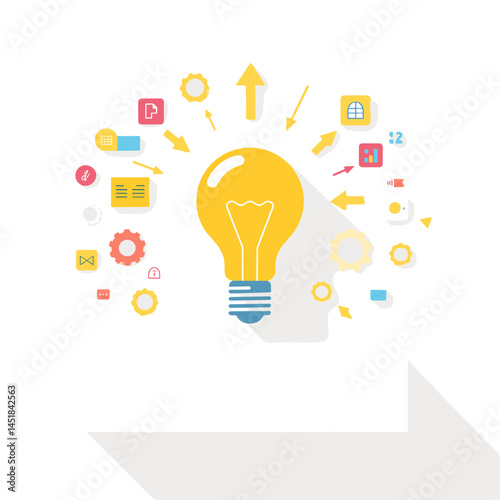 Illumination of Innovation: A stylized light bulb radiates vibrant ideas, surrounded by icons symbolizing creativity, innovation, and technological advancement.
