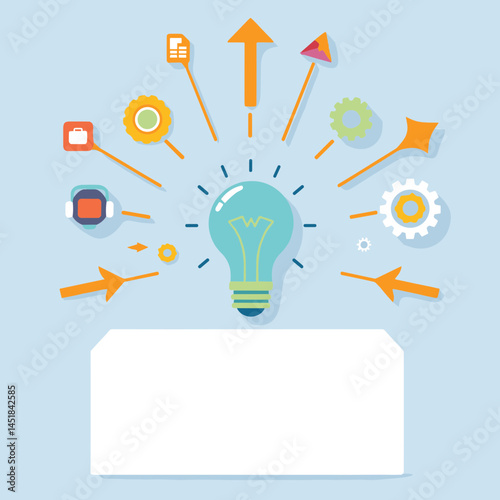 Illumination: An artful graphic illustration showcases a bright lightbulb radiating a constellation of symbols, symbolizing innovation, thought and creativity. 