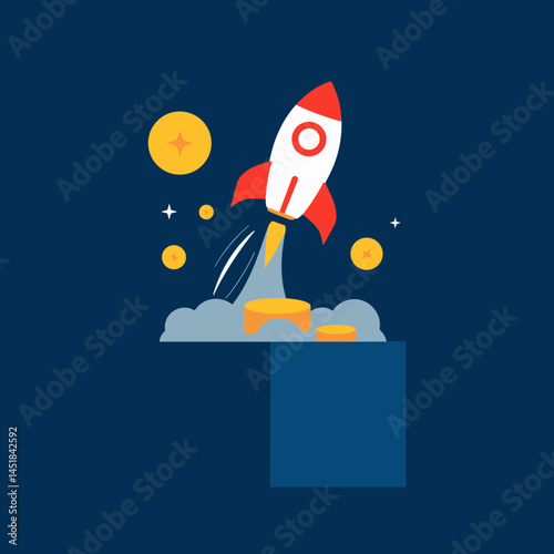 Rocket Launch: Depicting a vibrant rocket soaring towards the limitless expanse of space, symbolizing progress and ambition, this illustration captures the essence of innovation and forward-thinking.