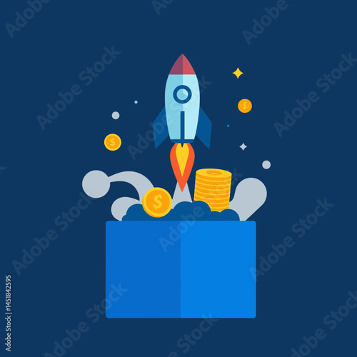 Rocket Launch: A stylized depiction of a rocket soaring upwards, symbolizing ambition, launch and achievement, amidst a backdrop of monetary gains. 