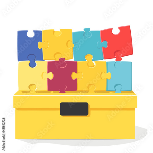 Puzzles Box: A conceptual flat design of a box with jigsaw puzzles, symbolizing problem-solving, teamwork, and the bigger picture, this visual promotes creativity and strategic thinking.