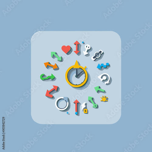 Time's Compass: A visual representation of time, direction, and choices, with a clock at the center surrounded by colorful symbols representing options and possibilities.