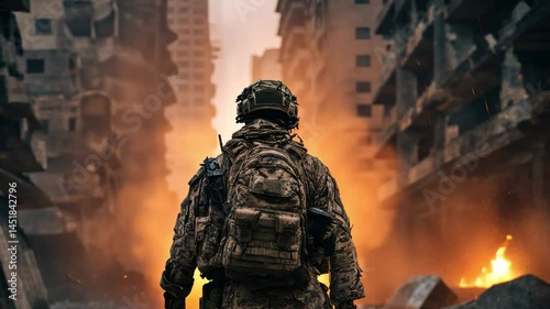 A Soldier's Resolve Amidst Devastation: A lone soldier stands amidst the ruins of a war-torn city, their silhouette a symbol of resilience, facing an uncertain future after a devastating battle.