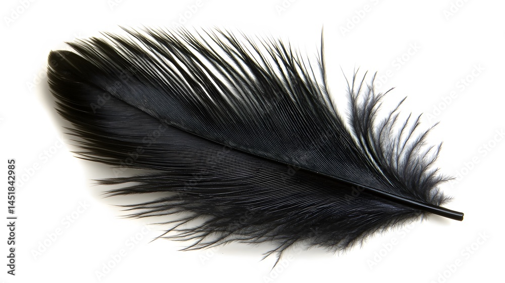 Single Black Feather Isolated on White Background Detailed Macro Shot Single Black Feather Isolated on White Background Detailed Macro Shot