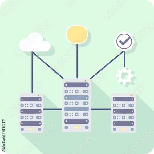Cloud Server Network:  A simplified illustration of a cloud server network showing interconnected servers, cloud storage, process check, and a gear representing network management.