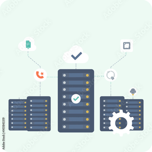 Data Server Network: Illustrated data servers connected by network cloud icons showcasing information technology and digital communication.