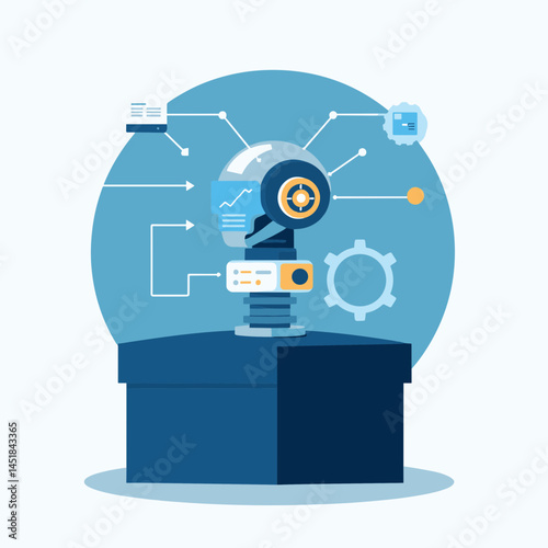 Robotics and Automation: An illustration showcasing the intricate network of a futuristic robot head, surrounded by digital data streams, symbolizing innovation and technological advancement.