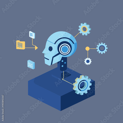 Digital Intelligence: A cutting-edge illustration showcases a robotic head surrounded by intricate gears, files, and lines, symbolizing advanced AI technology, computing.