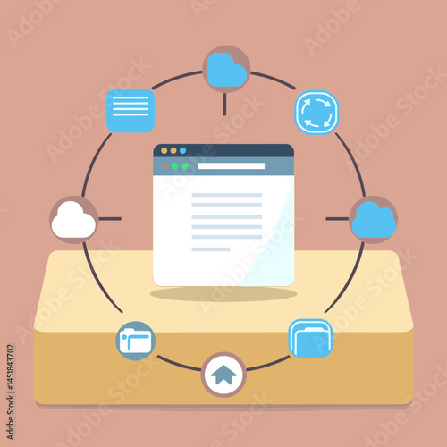 Digital Harmony: Illustrative representation of interconnected digital files and the flow of information, with a central document on a wooden display.