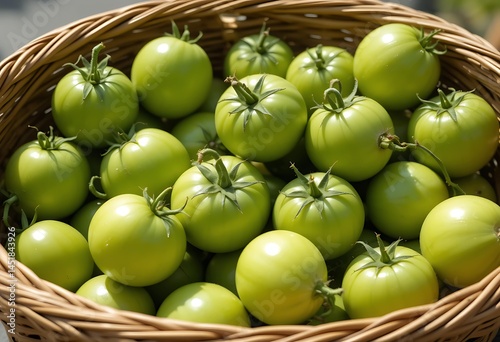 Green Tomatoes In A Basket On A Market Stall. Close Up.