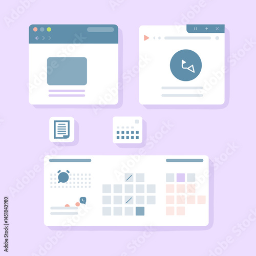 Minimalist Digital Interface: Simplified graphical representations of digital interface elements, including a web browser window, application icon, calendar, and media player.