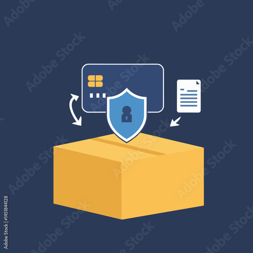 Secure Delivery: An illustrative depiction of secure payment protection with a credit card, lock shield, and paper document placed atop a cardboard box.