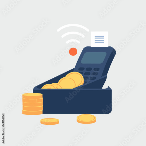 Modern POS System with Wireless Connection: A flat illustration of a modern POS system with a wireless connection, digital display, receipt paper, and a drawer full of gold coins.