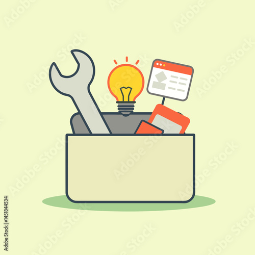 Tools for Success: A playful and minimalist illustration showcases the essential tools for success in the digital age. A toolbox filled with a wrench, a lightbulb, a smartphone, and a web browser.