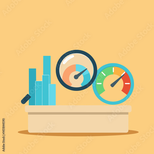 Business Metrics: A dynamic illustration showcasing the core elements of business performance analysis, featuring graphical charts, gauges, and a magnifying glass, all poised on a table.