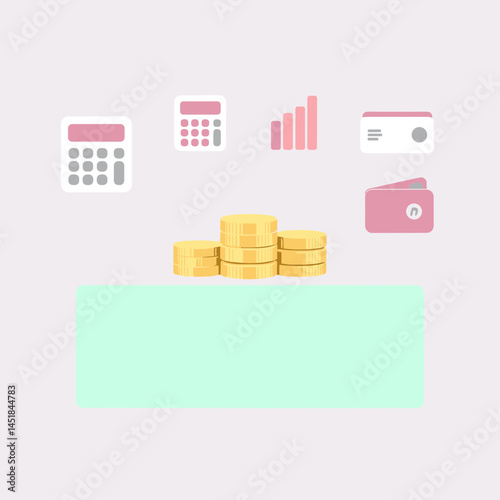 Financial Foundation: A collection of financial tools, stacked golden coins and the rise of business. The scene showcases elements of finance and prosperity in a vibrant visual depiction.