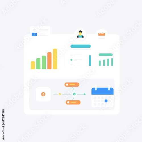 Business Dashboard: An interactive business dashboard interface, representing data visualization and workflow design with user-friendly components, such as graphs and calendars. 