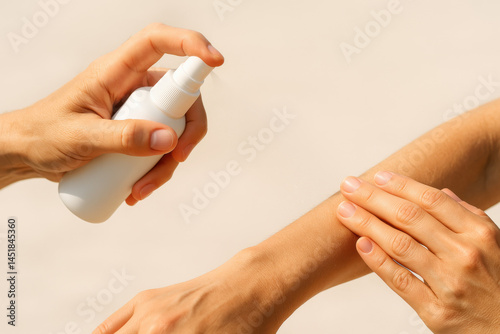Protecting Skin: Close-up of hands using a spray bottle, demonstrating skincare and healthcare. Spritzing for protection, health. 