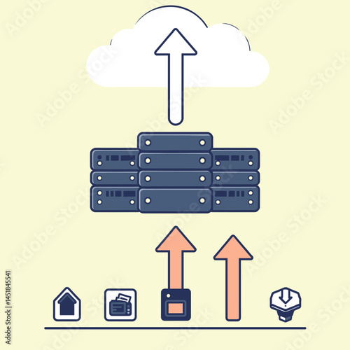 Cloud Data Upload: A conceptual illustration showcasing data uploading to a cloud server, emphasizing digital storage, connectivity, and information transfer.