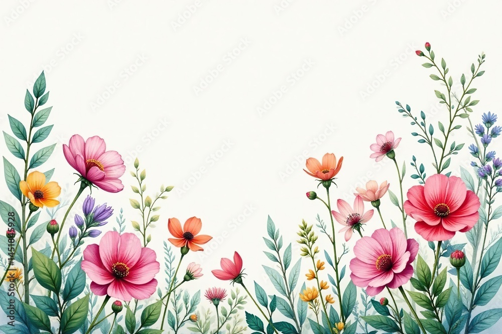 Naklejka premium Delicate watercolor wildflowers, intertwined branches, continuous print , watercolor, design