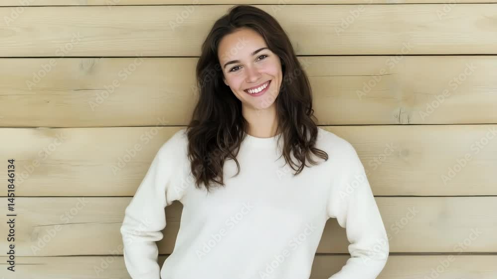 A woman is smiling and wearing a white sweater. She is standing in front of a wooden wall A woman is smiling and wearing a white sweater. She is standing in front of a wooden wall