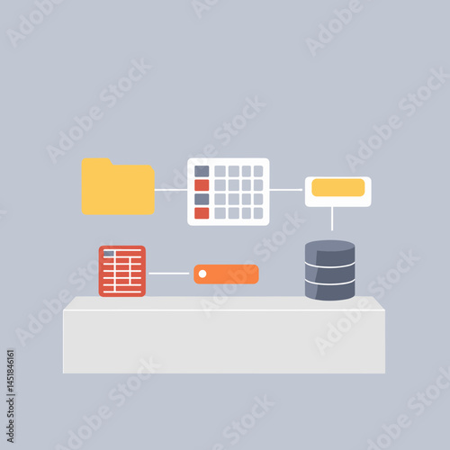 Data Integration: A clean and simple illustration of data flowing between different components, showing the concepts of storage, data transfer and the interconnection of several data sets.