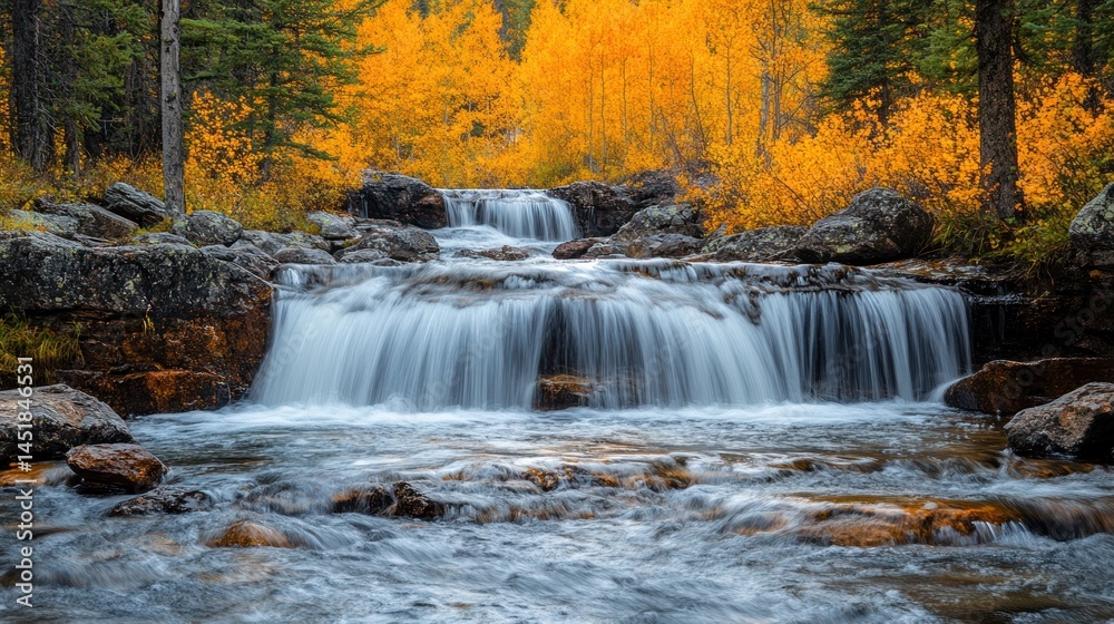 Autumn waterfall cascading through rocky stream bed, vibrant yellow aspen trees Autumn waterfall cascading through rocky stream bed, vibrant yellow aspen trees