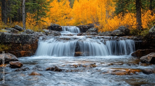 Autumn waterfall cascading through rocky stream bed, vibrant yellow aspen trees