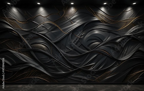 3D Render, Abstract Black And Gold Background, Liquid Waves With Golden Elements