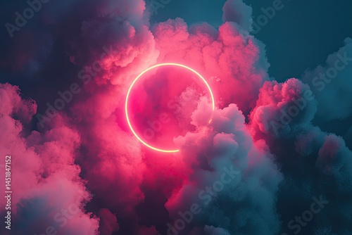 Neon circle in swirling pink and gray clouds