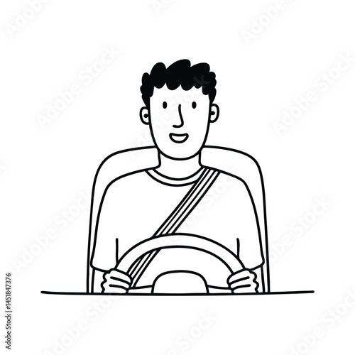 A driver seated behind the wheel wearing a seatbelt