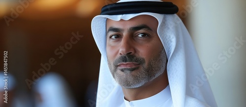 Arabian man portrait, indoor lobby, blurred background, business profile