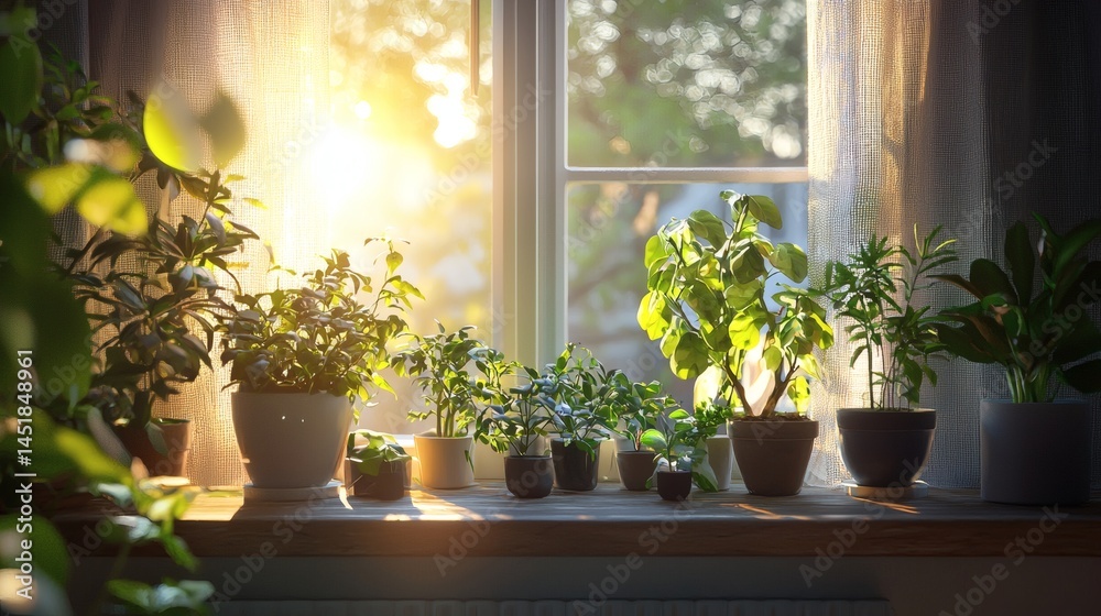 89. Apartment window ledge with potted plants in full mixed lighting 89. Apartment window ledge with potted plants in full mixed lighting
