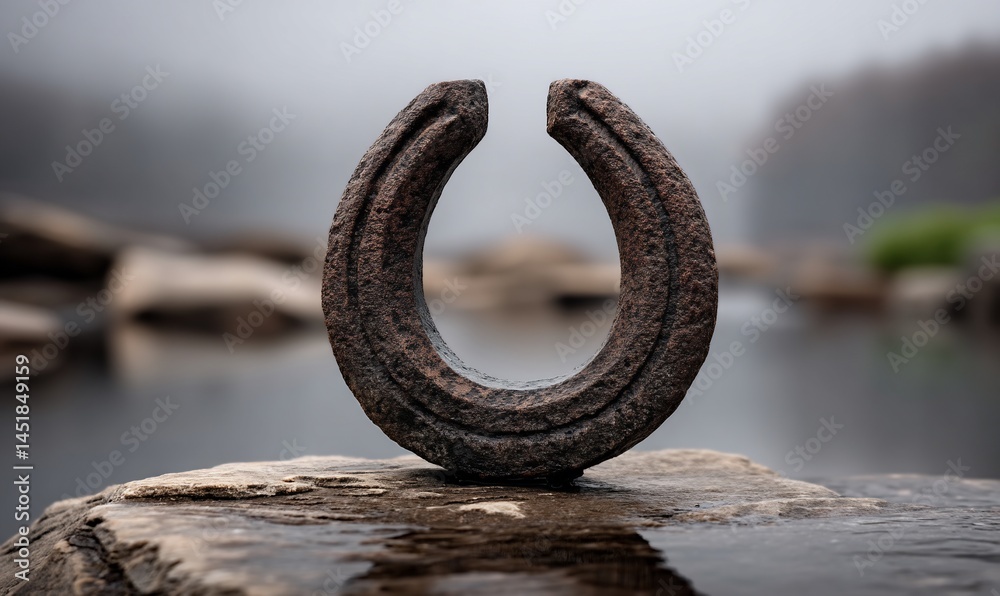 Fototapeta premium Weathered ring stands on waterside rock