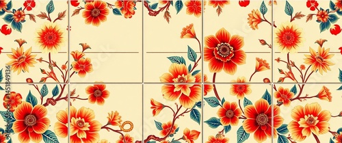 Retro oriental floral tile pattern, seamless design with flourishing flowers and empty space, ornamental, luxury