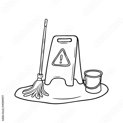 A caution sign placed beside a slippery floor while a janitor mop