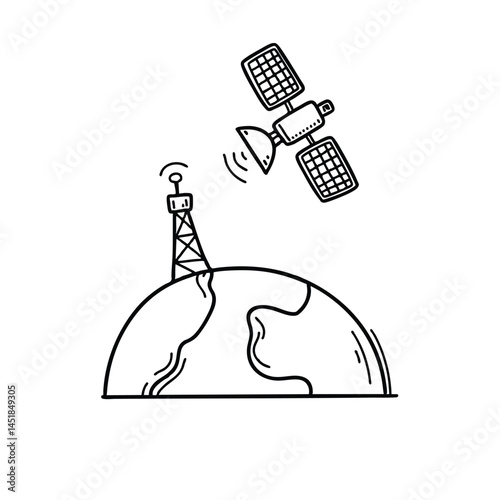 A satellite in space beaming signal waves to Earth