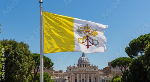 Waving Vatican City Flag Symbolizing Faith and Sovereignty Over the Serene Vatican Gardens Backdrop