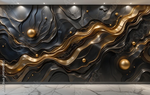 3D Render, Abstract Black And Gold Background, Liquid Waves With Golden Elements