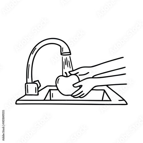 A pair of hands rinsing an apple under a kitchen sink tap