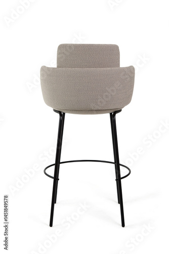 Modern bar stool with black metal frame and gray upholstery seat – Isolated on White Background | High Resolution