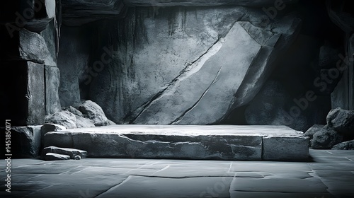 Stone Platform in Dark Cave Background, Rough Texture, Product Display