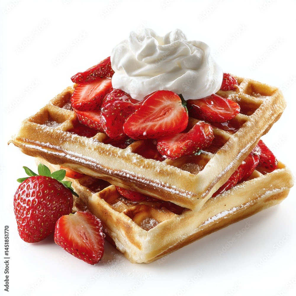 Delicious waffles topped with fresh strawberries and whipped cream