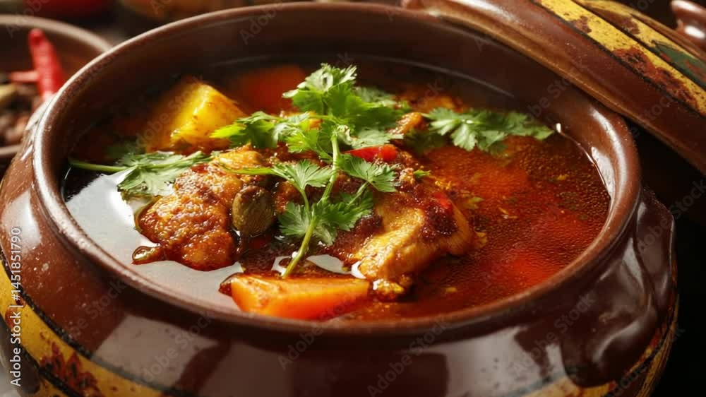 A steaming bowl of hearty stew with vegetables and herbs served in a traditional pot A steaming bowl of hearty stew with vegetables and herbs served in a traditional pot
