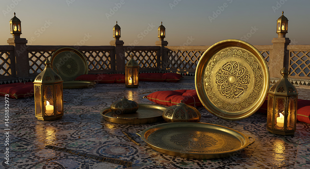 © Farhan - Evocative scene showcasing traditional golden lanterns and trays for Eid celebrations
