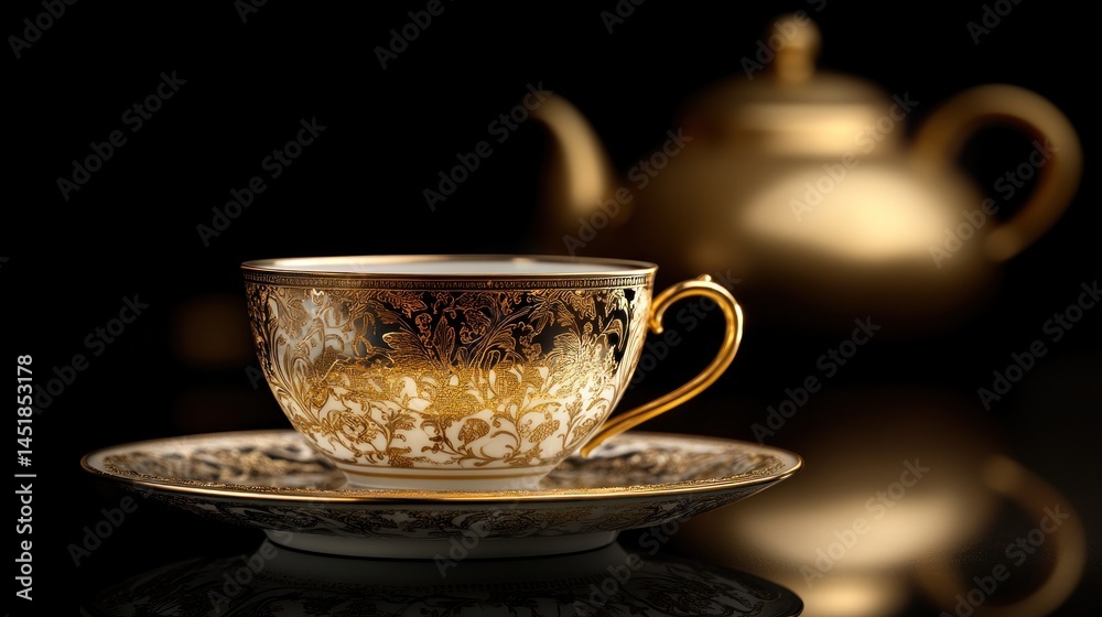 Fototapeta premium Ornate gold-detailed teacup and saucer on dark background